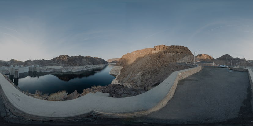 Hoover Dam from one of the lookouts shot in 360° view during sunset, we see the hoover dam and the M...
