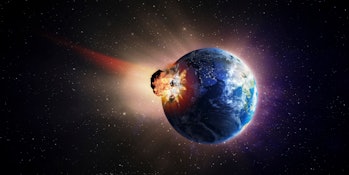 Asteroid impacting Earth, computer artwork.