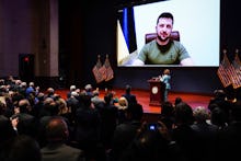 WASHINGTON, DC - MARCH 16: Ukrainian President Volodymyr Zelenskyy delivers a virtual address to Con...