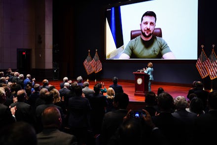 WASHINGTON, DC - MARCH 16: Ukrainian President Volodymyr Zelenskyy delivers a virtual address to Con...