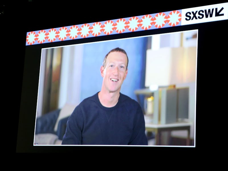 AUSTIN, TEXAS - MARCH 15: Mark Zuckerberg, via video,  speaks at Into the Metaverse: Creators, Comme...