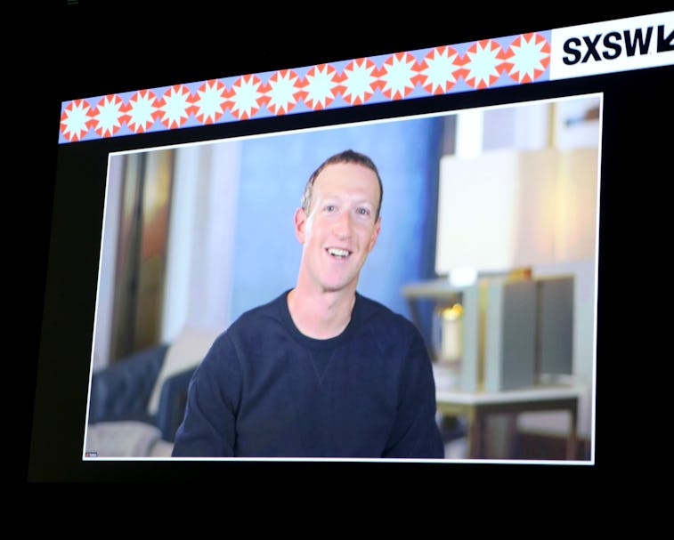 AUSTIN, TEXAS - MARCH 15: Mark Zuckerberg, via video,  speaks at Into the Metaverse: Creators, Comme...