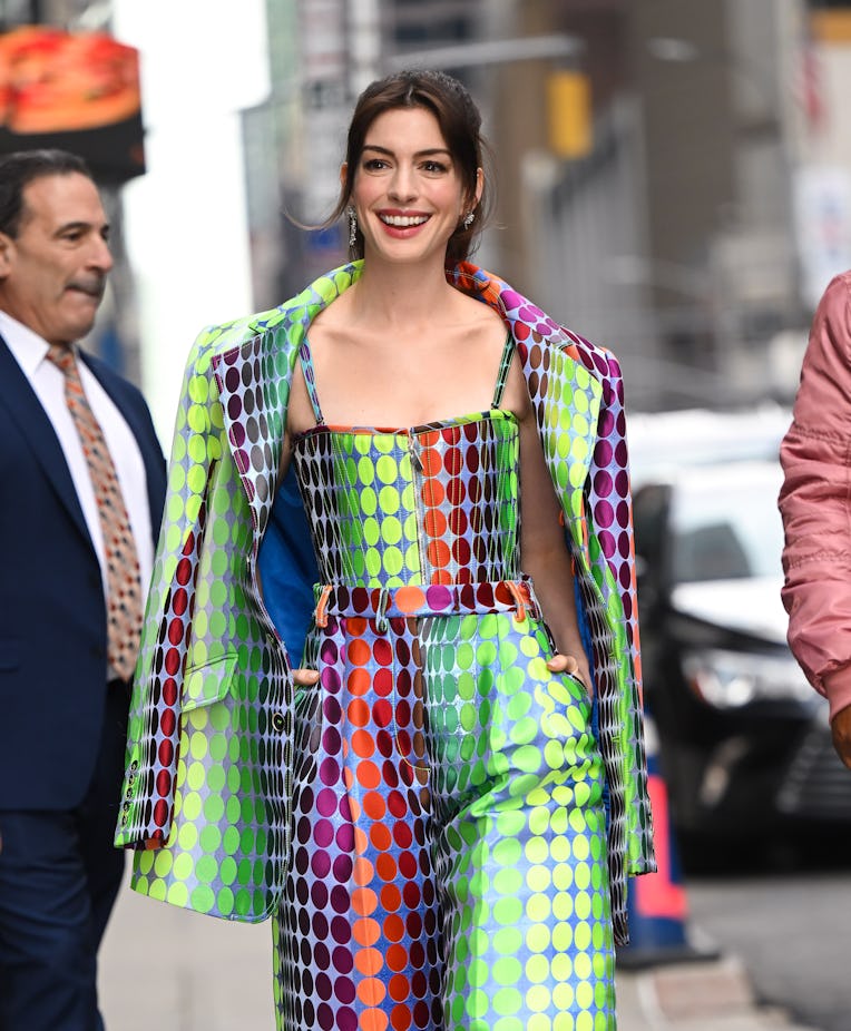 NEW YORK, NEW YORK - MARCH 15: Anne Hathaway is seen outside the 'The Late Show With Stephen Colbert...