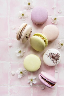 French sweet macaroons colorful variety on a pink tile background with spring blossom