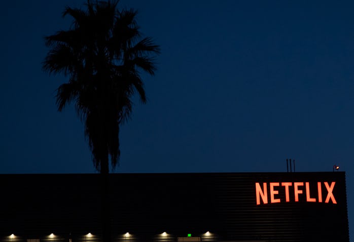 The Netflix logo sign is seen on top ot it's office building on February 4, 2021 in Hollywood, Calif...