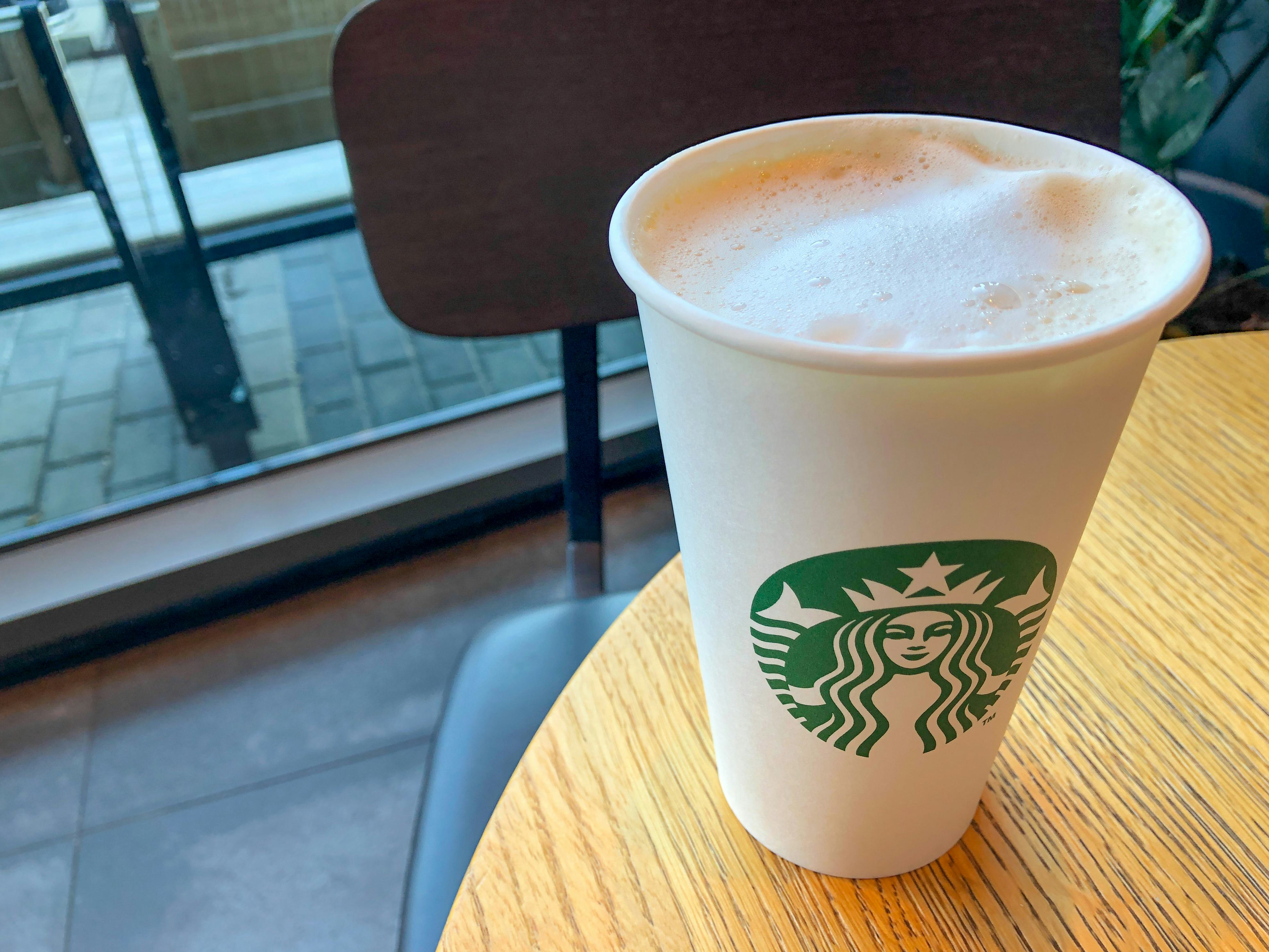 Burgas, Bulgaria - September 17, 2021: Close-up of a cup of coffee at Starbucks at the Mall Gallery.