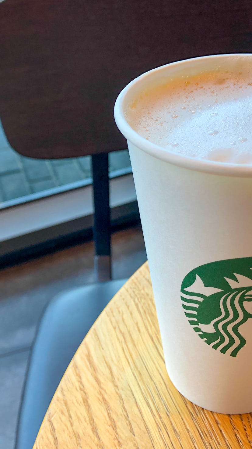 Burgas, Bulgaria - September 17, 2021: Close-up of a cup of coffee at Starbucks at the Mall Gallery.