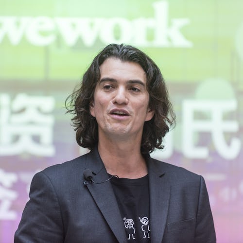 Adam Neumann, co-founder and chief executive officer of WeWork, speaks during a signing ceremony at ...
