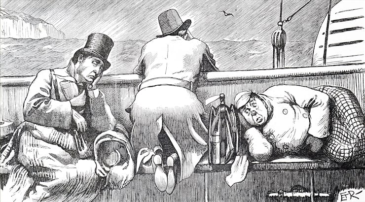 Cartoon depicting passengers of a channel steamer who feel sea sick due to rough seas. Dated 19th ce...