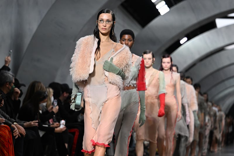 Bella Hadid in a sheer slip dress at the Fendi show during Milan Fashion Week. 