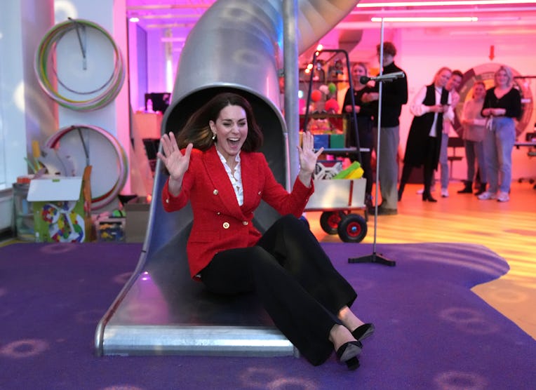 COPENHAGEN, DENMARK - FEBRUARY 22: (UK OUT FOR 28 DAYS) Catherine, Duchess of Cambridge uses a slide...