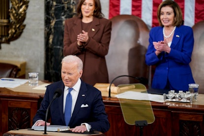 WASHINGTON, DC - MARCH 01: U.S. President Joe Biden delivers the State of the Union address flanked ...