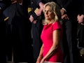 Jill Biden's Dress at the 2022 State of the Union included a small sunflower on her sleeve, a sign o...