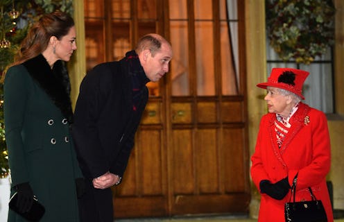 WINDSOR, ENGLAND - DECEMBER 08: Queen Elizabeth II (R) talks with Prince William, Duke of Cambridge,...
