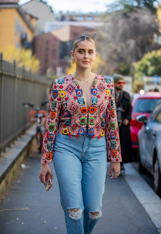 MILAN, ITALY - FEBRUARY 25: Valentina Ferragni seen wearing cropped jacket with print.