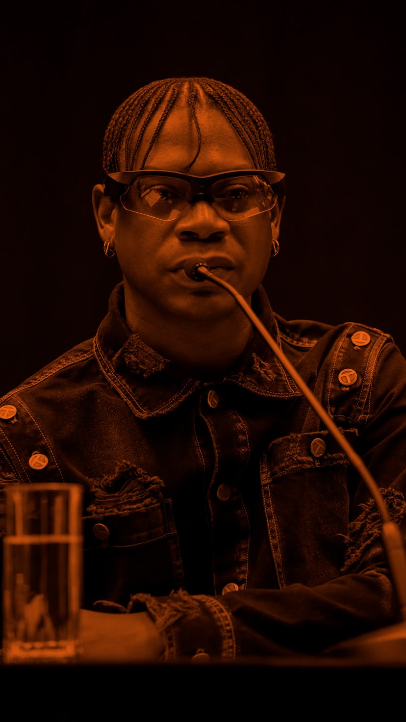 NEW YORK, NEW YORK - SEPTEMBER 12: Telfar Clemens speaks during a presentation for Telfar during NYF...