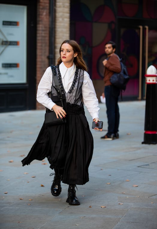 Sheer Dress Claire Foy fashion week with button-down shirt.