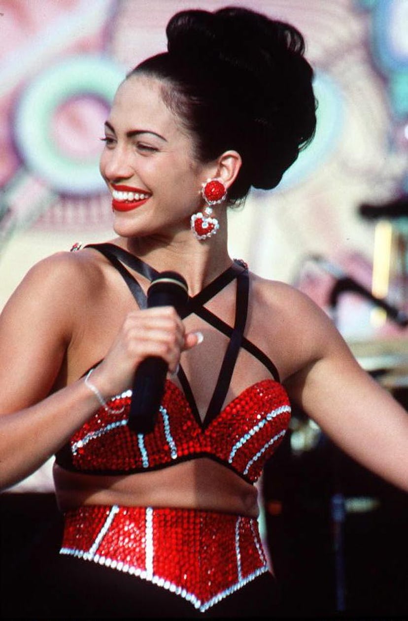 HOLLYWOOD, CA - MARCH 23: Actress Jennifer Lopez, who plays Selena in the movie "Selena," performs ...