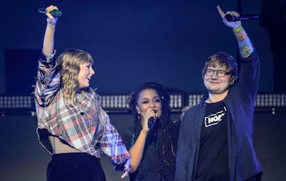 SAN JOSE, CA - DECEMBER 02:  (L-R) Singers Taylor Swift and Ed Sheeran perform at 99.7 NOW! Presents...