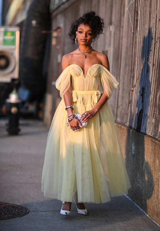 NEW YORK, NEW YORK - MARCH 15: Selah Marley is seen wearing a yellow Alexander McQueen dress outside...