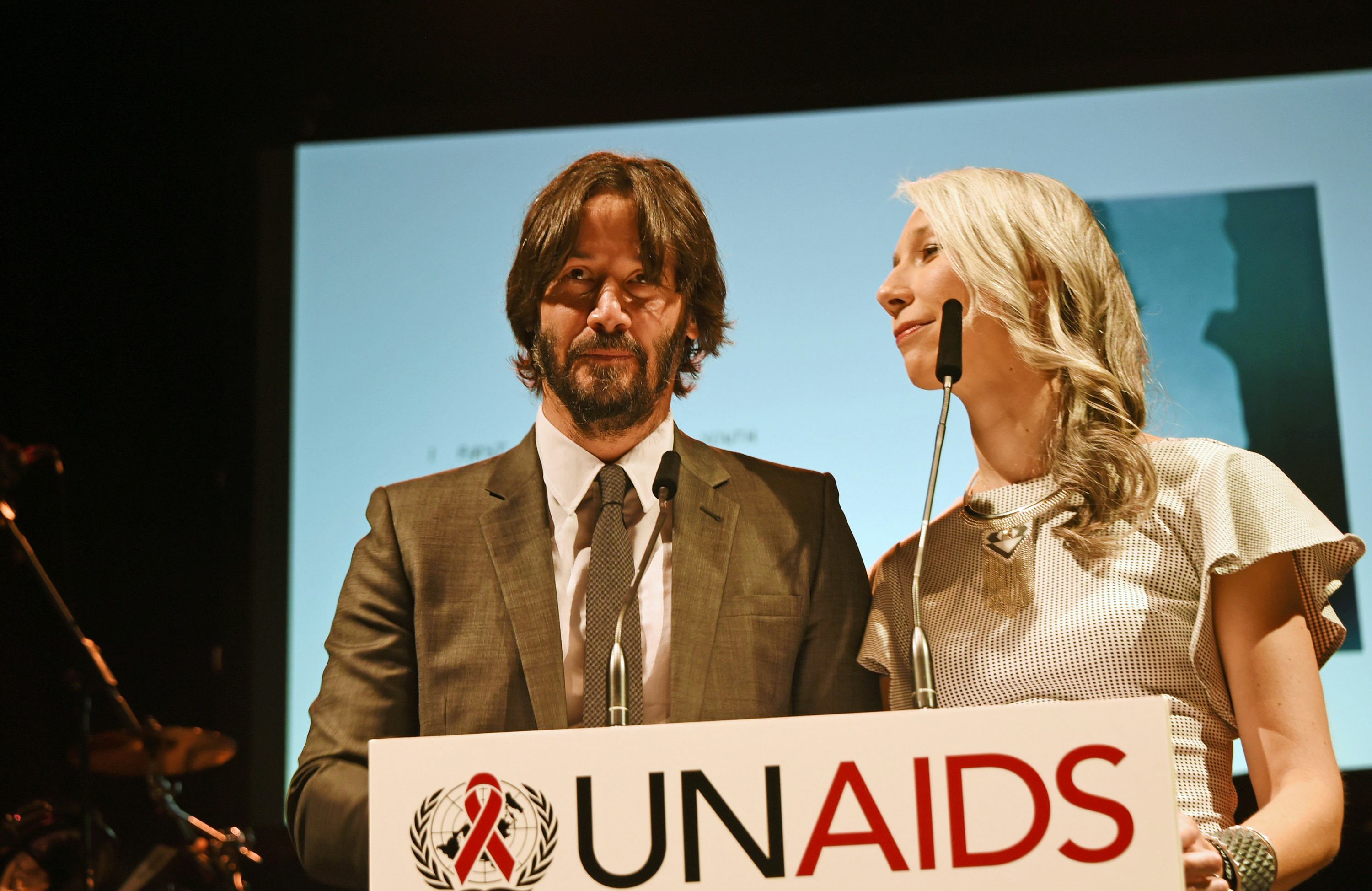 BASEL, SWITZERLAND - JUNE 13:  Keanu Reeves (L) and Alexandra Grant speak at the UNAIDS Gala during &hellip;