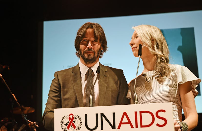 BASEL, SWITZERLAND - JUNE 13:  Keanu Reeves (L) and Alexandra Grant speak at the UNAIDS Gala during ...