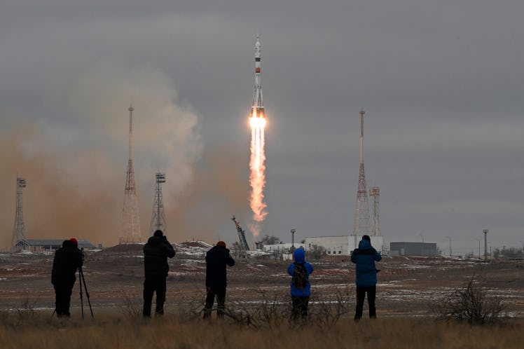 The Soyuz MS-20 spacecraft carrying the crew of Russian cosmonaut Alexander Misurkin, Japanese billi...