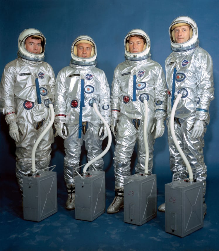 (13 April 1964) --- Left to right are astronauts John W. Young, Virgil I. Grissom, Walter M. Schirra...