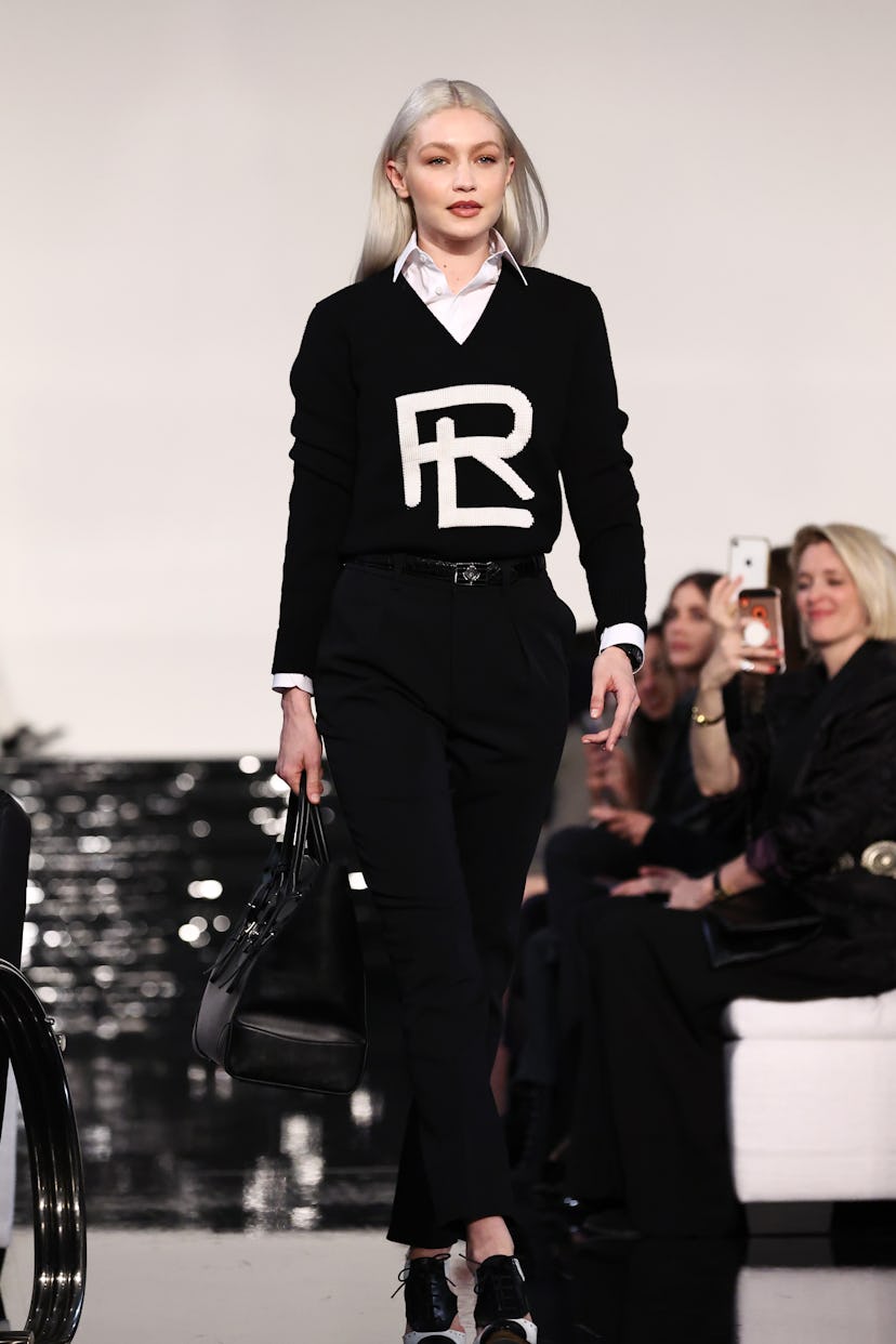 NEW YORK, NEW YORK - MARCH 22: Gigi Hadid walks the runway at the Ralph Lauren Fall 2022 Fashion Sho...