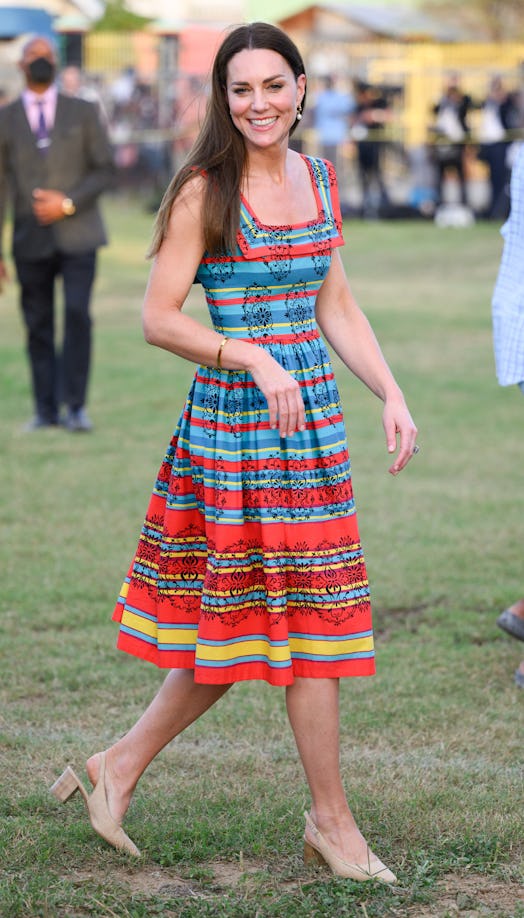 Kate Middleton wearing a striped dress in Jamaica. 