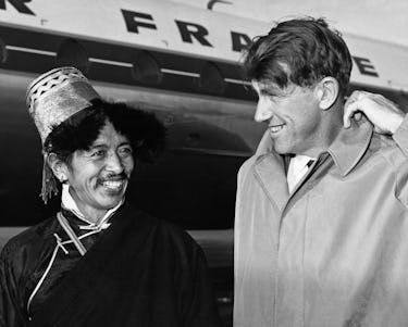 The mountaineer Sir Edmund Hillary (r), the first man to conquer Everest, with Khumbo Chumbi a Sherp...