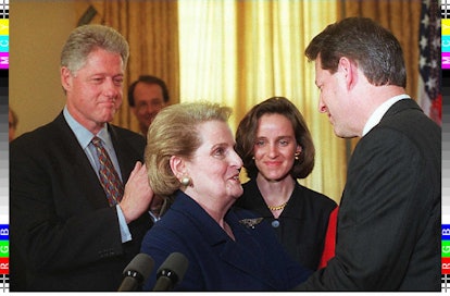WASHINGTON, :  Former UN Ambassador Madeleine Albright(2nd-L) is congratulated by US Vice President ...
