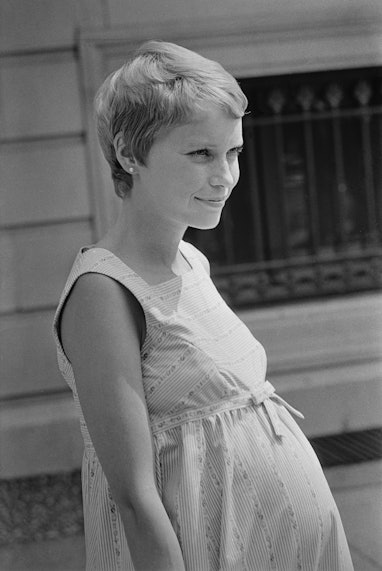 American actress Mia Farrow as the pregnant Rosemary Woodhouse on the set of the Roman Polanski film...