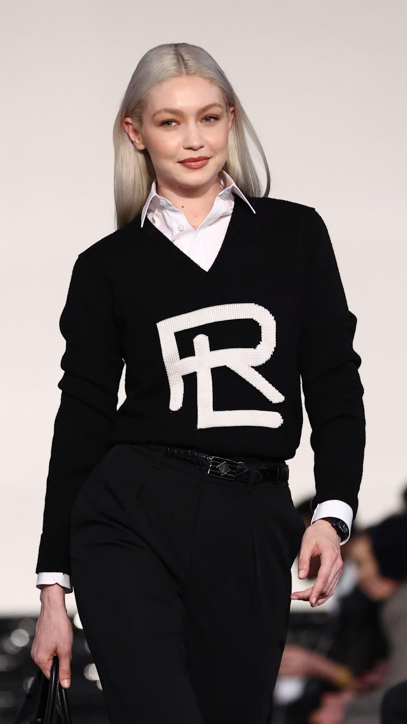 NEW YORK, NEW YORK - MARCH 22: Gigi Hadid walks the runway at the Ralph Lauren Fall 2022 Fashion Sho...