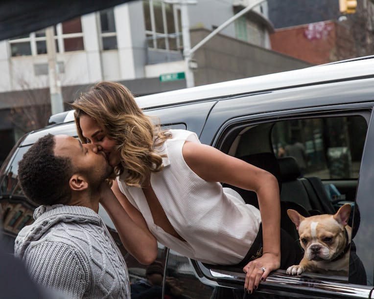 NEW YORK, NY - DECEMBER 01:  John Legend and Chrissy Teigen with their dog are seen during a photo s...