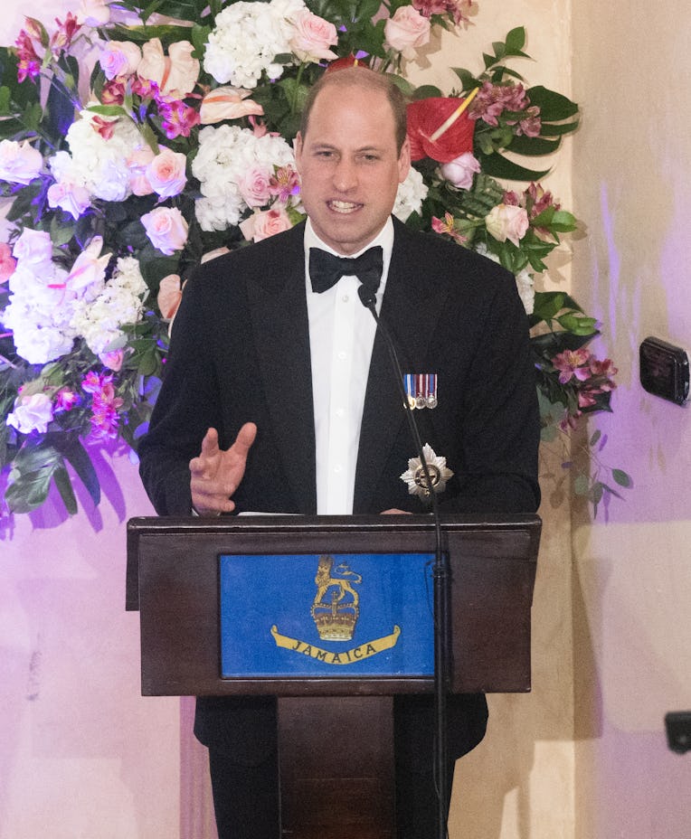 KINGSTON, JAMAICA - MARCH 23: Prince William, Duke of Cambridge speaks on stage during a dinner host...