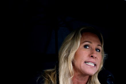 WASHINGTON, DC - MARCH 17: Rep. Marjorie Taylor Greene (R-GA) speaks a news conference in the rain o...
