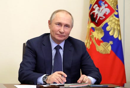Russian President Vladimir Putin holds a meeting with winners of state culture prizes via a video li...