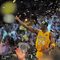 (061710 Los Angeles, CA) Los Angeles Lakers guard Kobe Bryant celebrates their win during the fourth...