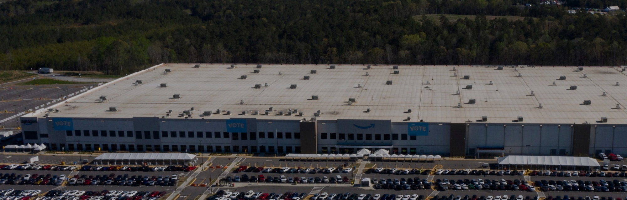 An aerial image shows the Amazon.com, Inc. BHM1 fulfillment center on March 29, 2021 in Bessemer, Al...