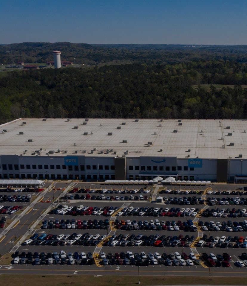 An aerial image shows the Amazon.com, Inc. BHM1 fulfillment center on March 29, 2021 in Bessemer, Al...