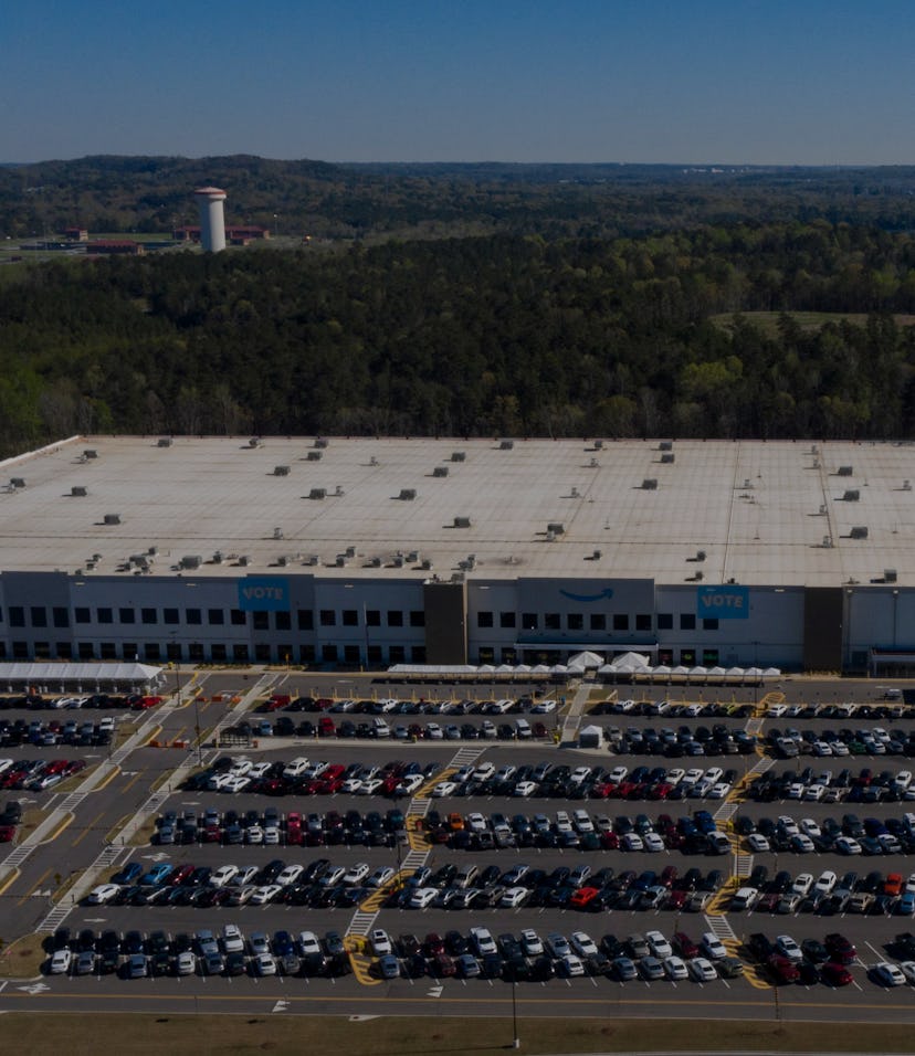 An aerial image shows the Amazon.com, Inc. BHM1 fulfillment center on March 29, 2021 in Bessemer, Al...