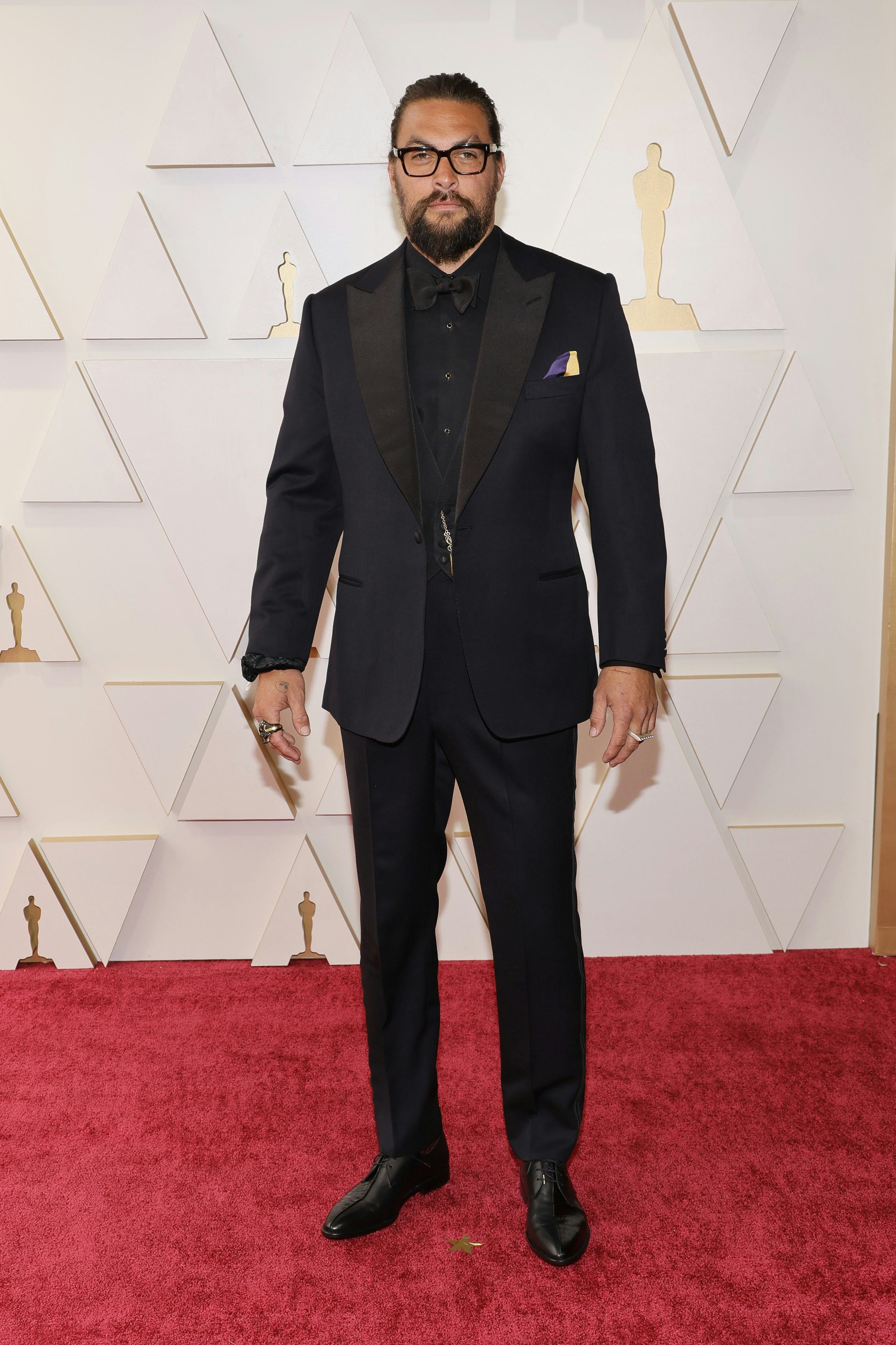 Jason Momoa showed support for Ukrainian refugees as he attended the 94th Annual Academy Awards at H...
