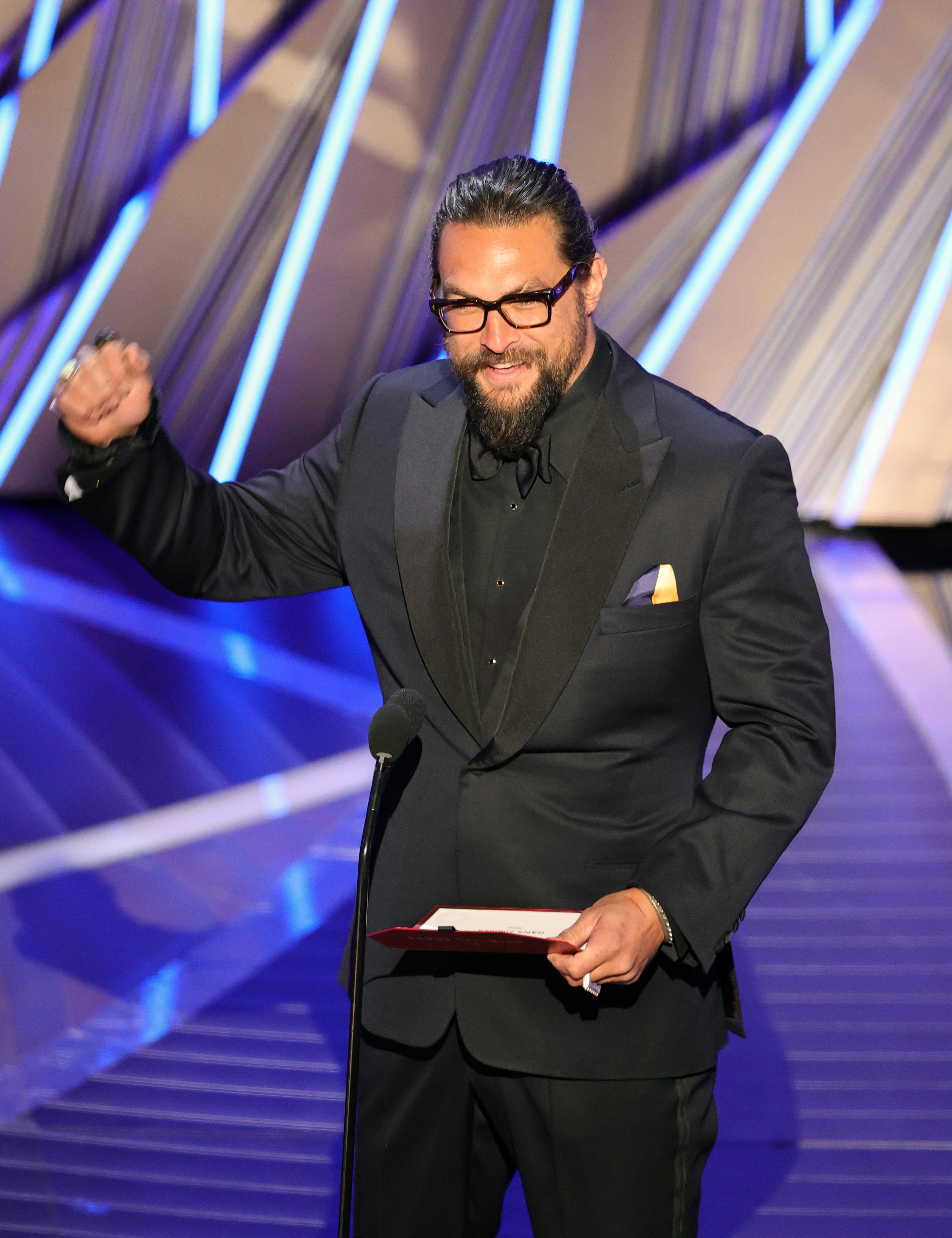Jason Momoa burped on the 2022 Oscars stage.