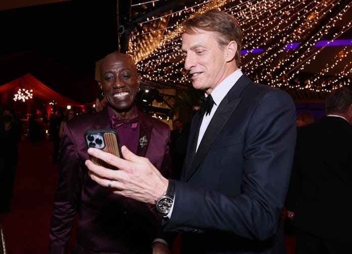 HOLLYWOOD, CALIFORNIA - MARCH 27: (L-R) Wesley Snipes and Tony Hawk attend the Governors Ball during...