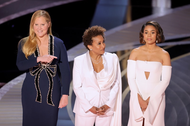 HOLLYWOOD, CALIFORNIA - MARCH 27: (L-R) Co-hosts Amy Schumer, Wanda Sykes, and Regina Hall speak ons...