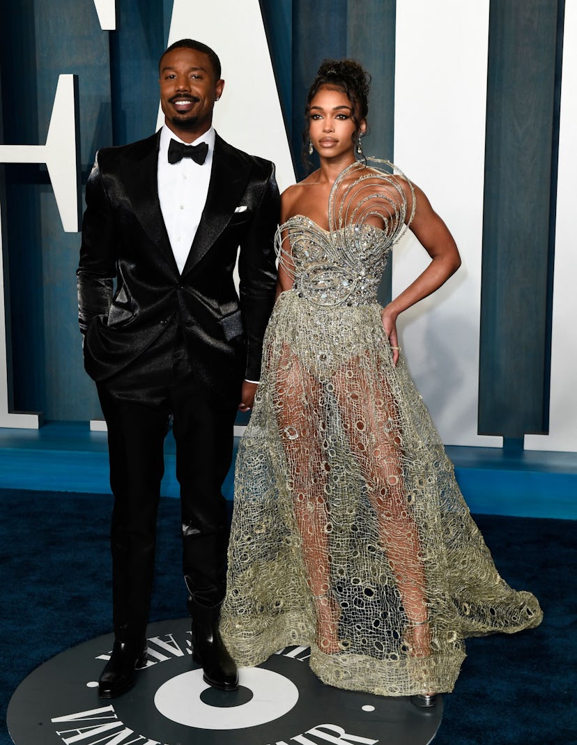 US actor Michael B. Jordan and model Lori Harvey attend the 2022 Vanity Fair Oscar Party following t...