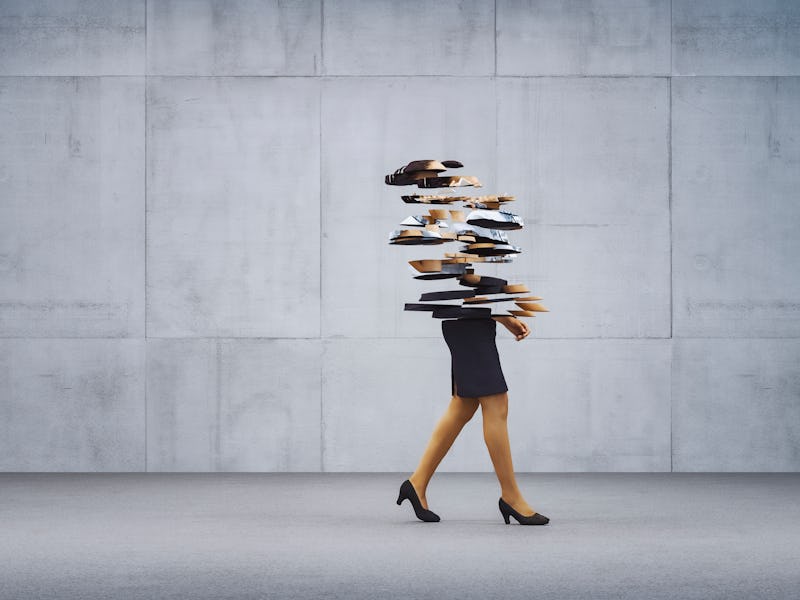 Walking businesswoman - deconstruction; 3D generated image.