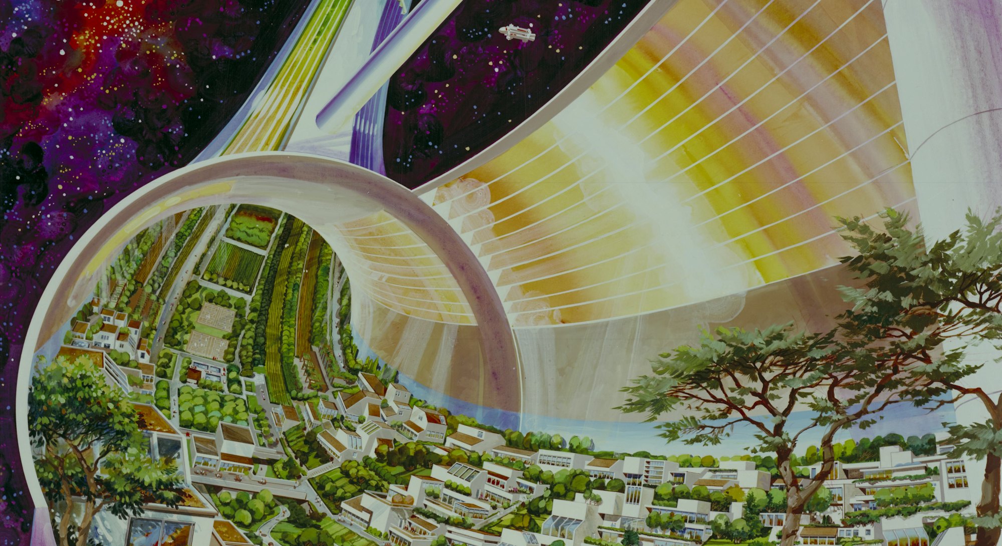 Futuristic rendering of human life off-earth by Rick Guidice, entitled Torus Wheel Settlement Interi...
