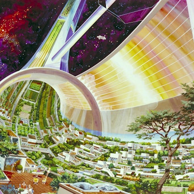 Futuristic rendering of human life off-earth by Rick Guidice, entitled Torus Wheel Settlement Interi...